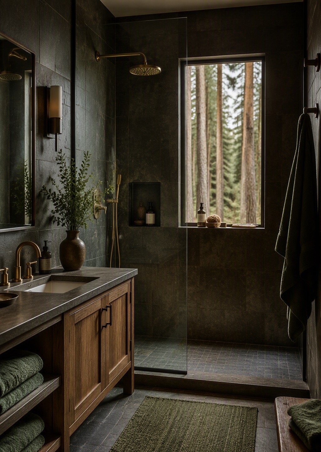 Badkamer met regendouche en natuursteen