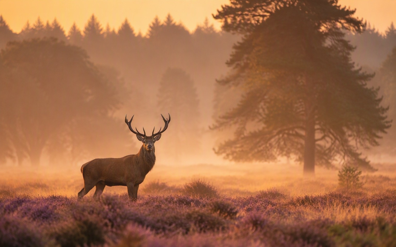 Edelhert in de ochtendmist op de Veluwe