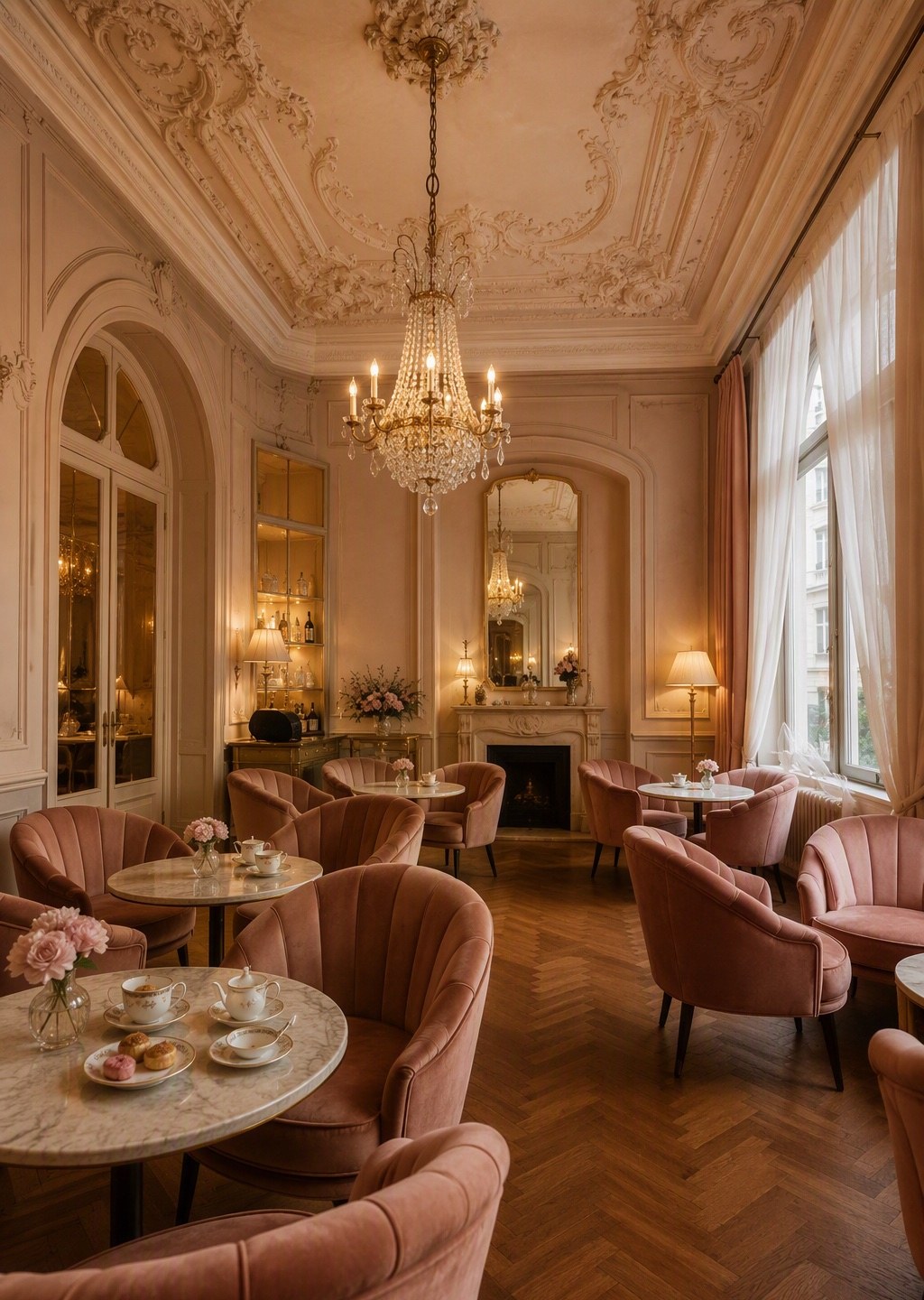 Salon de Thé met kroonluchter en roze fluwelen stoelen