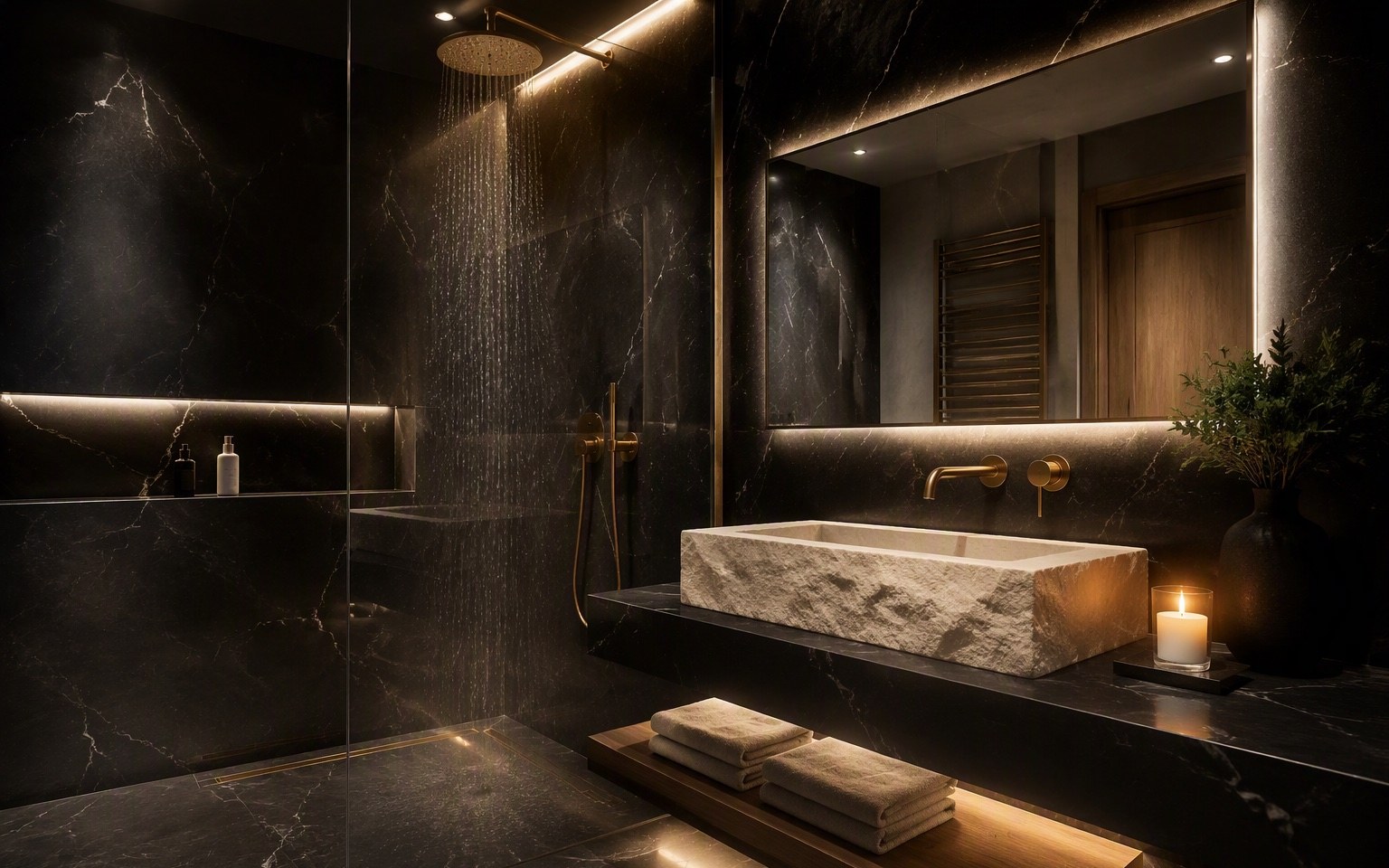 Badkamer van zwart marmer met gouden armaturen