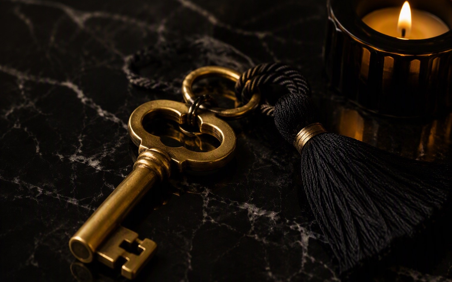 Detail van messing kamersleutel op zwart marmer