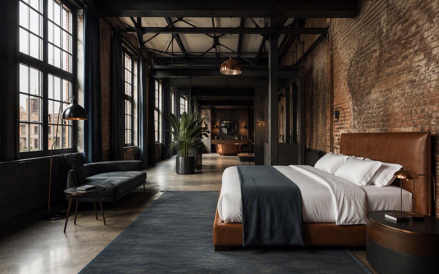 Foundry Loft met staalconstructie en bakstenen muur