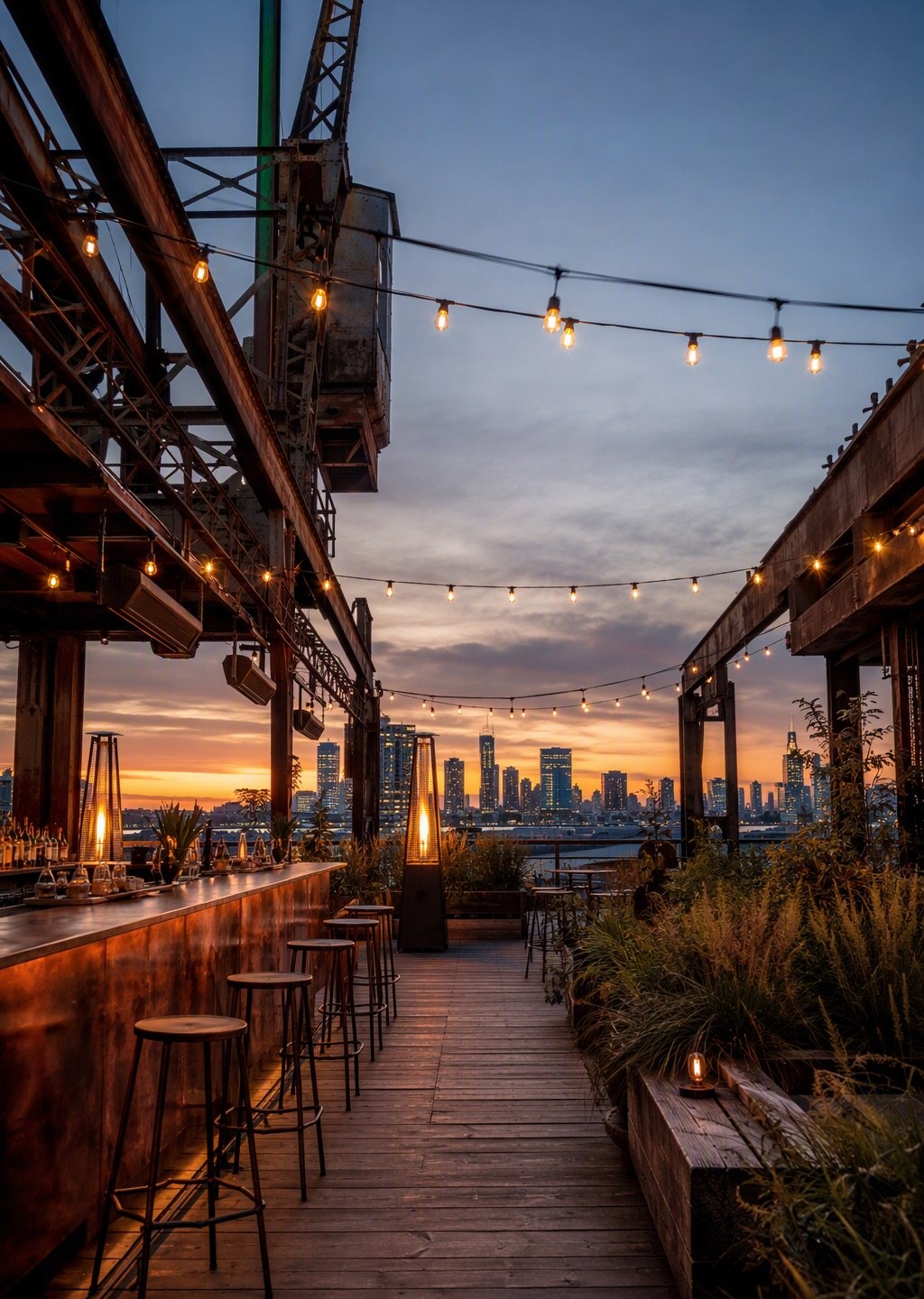 Rooftopbar VONK tussen de kraanrails bij zonsondergang