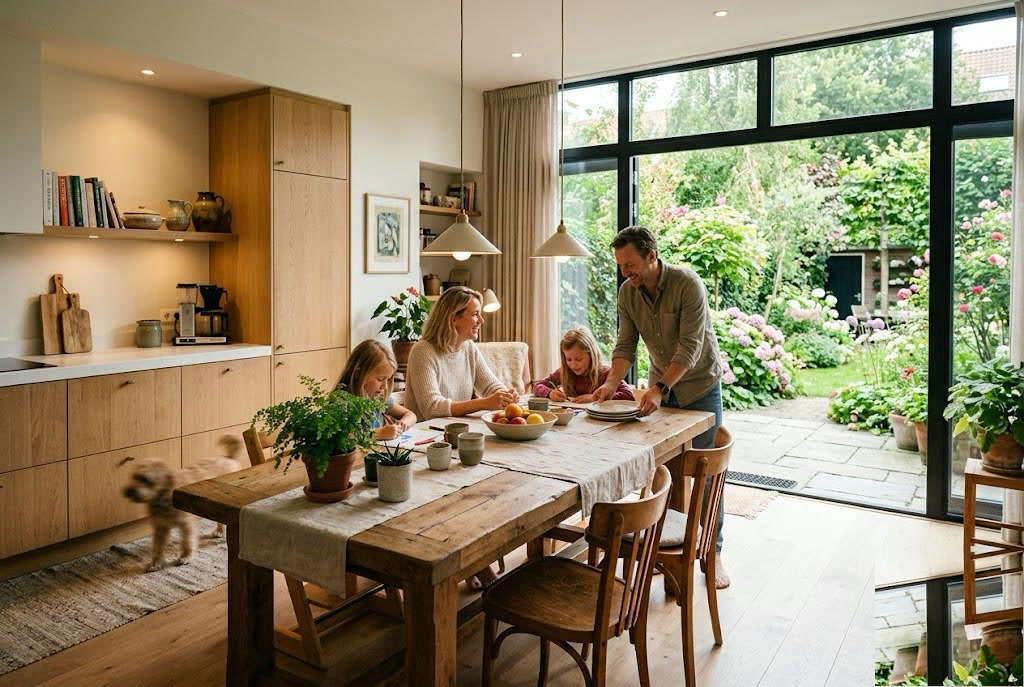 Lichte woonkeuken met gezinstafel en zicht op de tuin