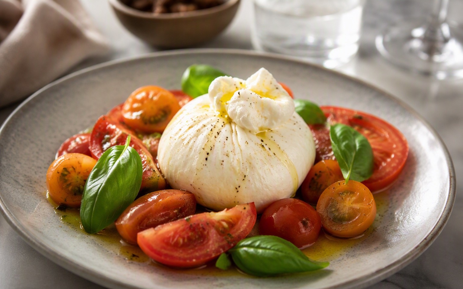 Burrata pugliese met tomaat en basilicum