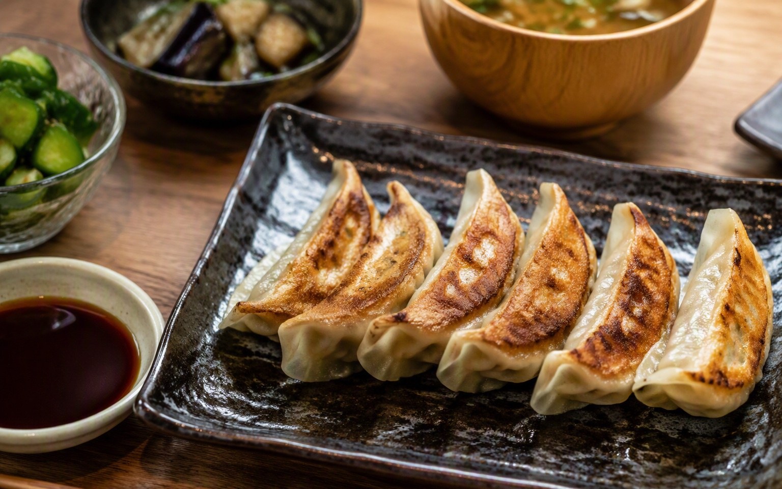 Krokant gebakken gyoza met gemberdip