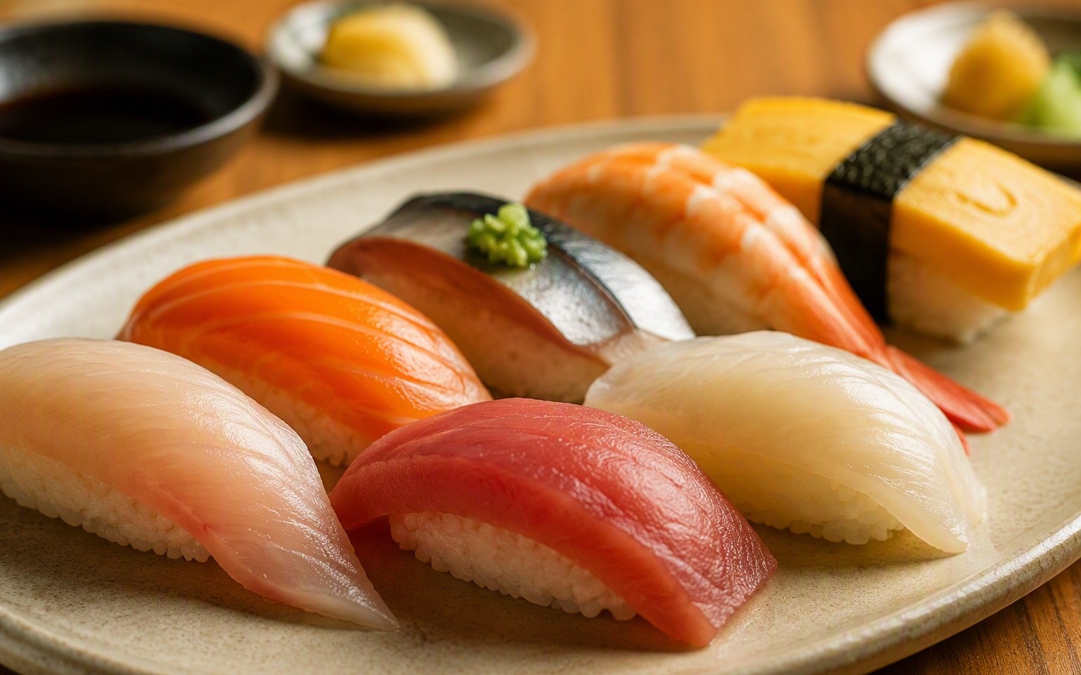 Nigiri moriawase van de chef op donker keramiek